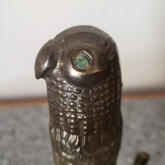 Brass Parrot Bird Lighter Holder Vintage 6" Tall Heavy Branch Green Eyes. RARE - Picture 3 of 15